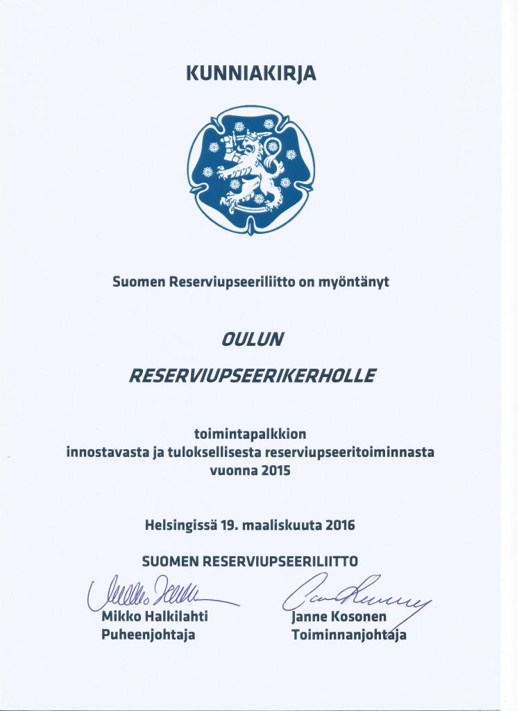 RUL kunniakirja 2015 toimintapalkkio